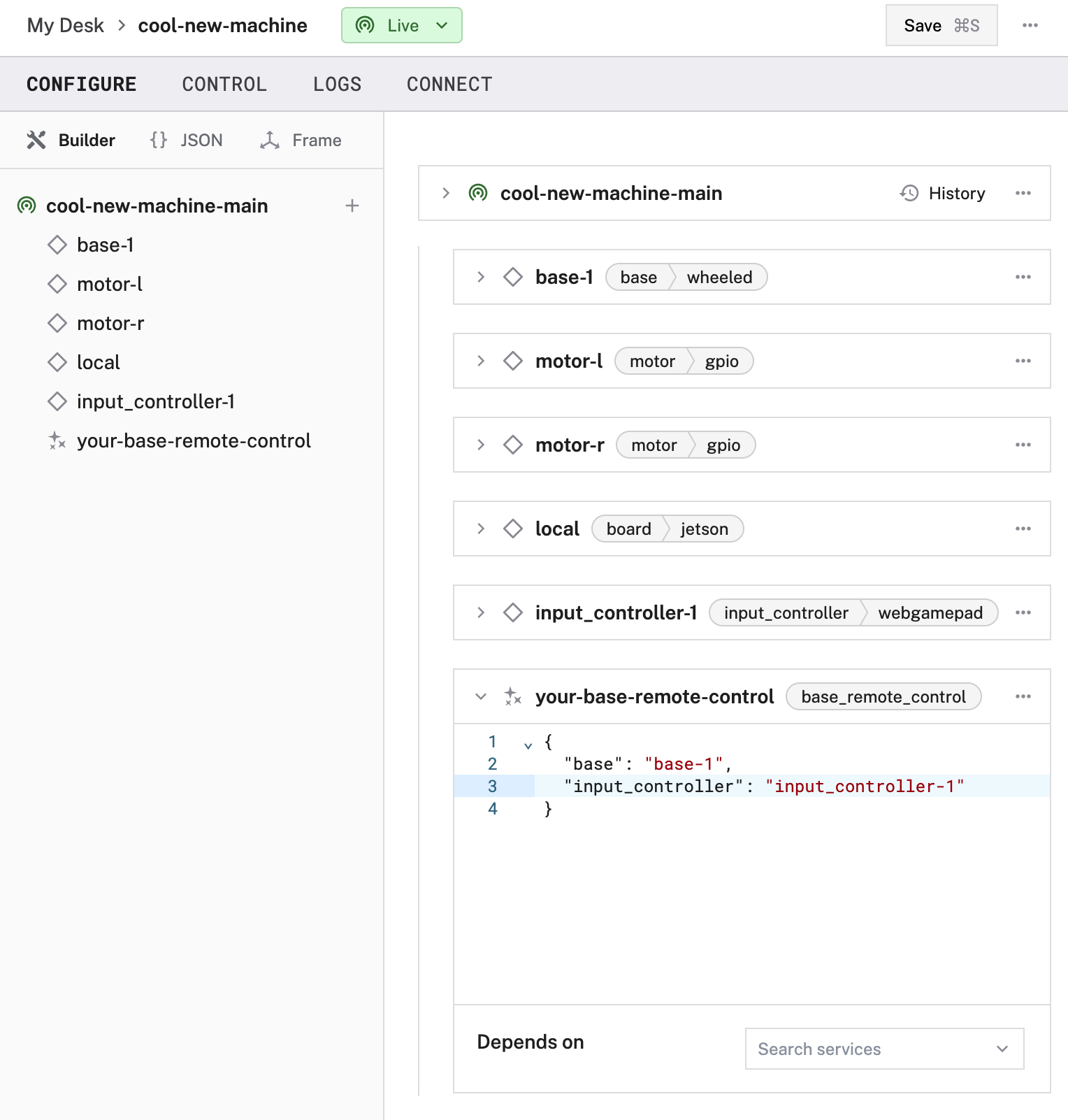 An example configuration for a base remote control service.