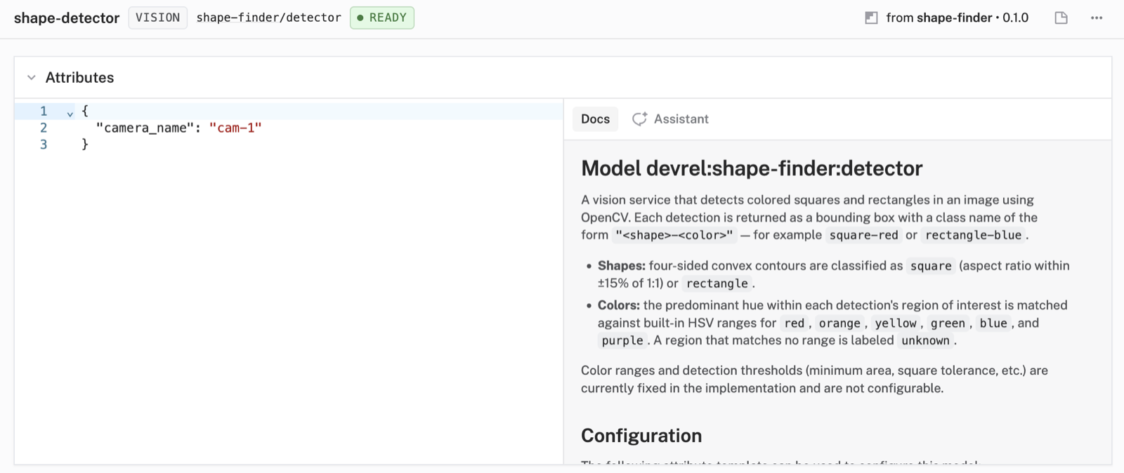 The shape-detector vision service config with its camera_name attribute.