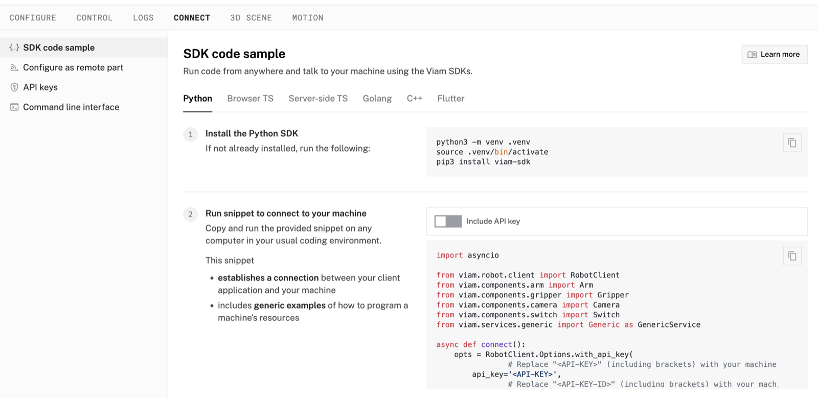 The CONNECT tab showing the Python SDK connection code with the machine address and API key.